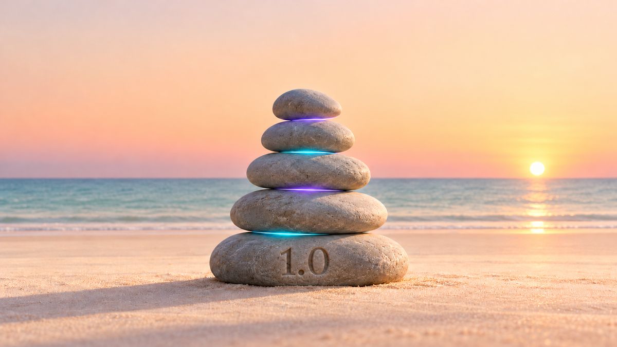 Tumpukan batu bertuliskan 1.0 di tepi pantai, gambar sampul pengumuman TanStack AI 1.0